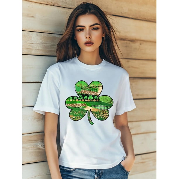 Women's St. Patrick's Day Four Leaf Clover Love Cartoon Print T-Shirt Fashion Short Sleeve Round-NeCamisetas de verano para mujer, manga corta, cuello redondo, casual, lindo, con gráficos, camisetas