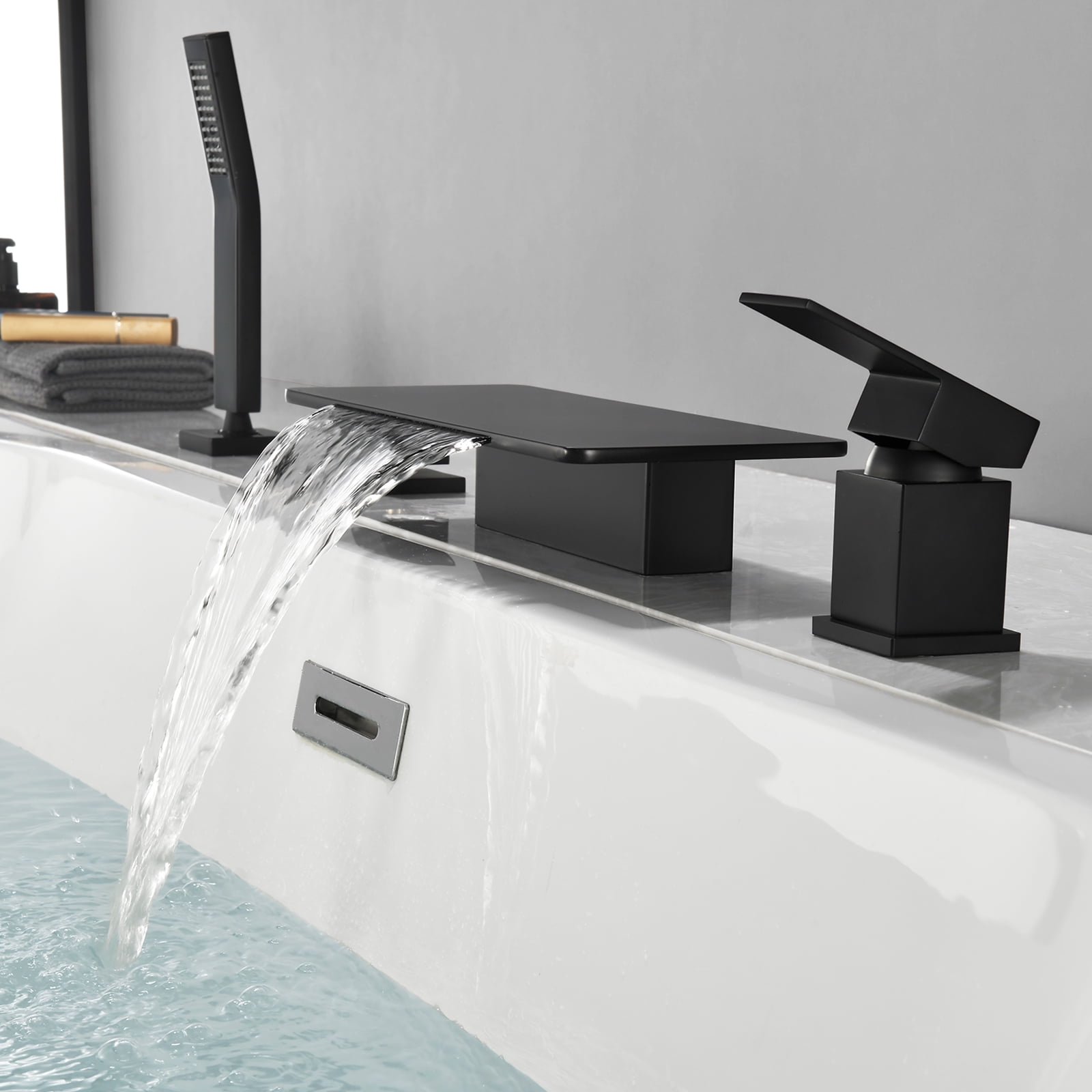 Cobbe Bathroom Bathtub Faucet Set Single Handle with 11.02-Inch Wide Bathtub Spout and Handheld Shower 4-Hole Deck Mount Tub Faucet Matte Black