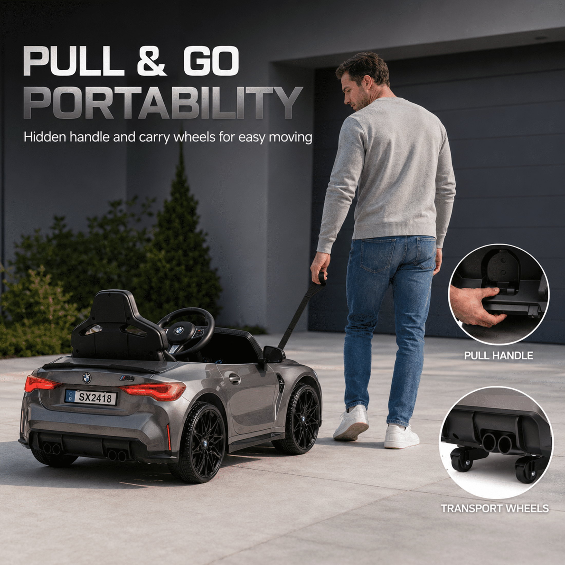 BMW M4 Kids Ride on Car Toy with Remote Control, 24V Powered Ride on Toys Cars W/Bluetooth/USB/MP3, Battery Display, LED, Handle with Wheels & Pull, Electric Car for Boy Girl, Gray