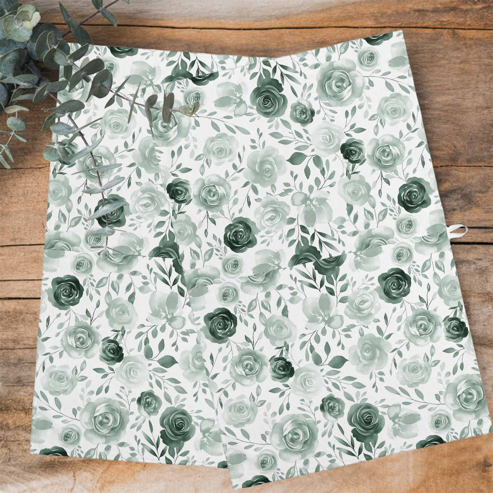Sage Green Flower Kitchen Towels Set of 2, Water Absorbent Dish Towel, Vintage Rose Floral Botanical Leaf Decorative Hand Towels - Quick Drying Cloth for Cooking Baking, 18x28 Inch