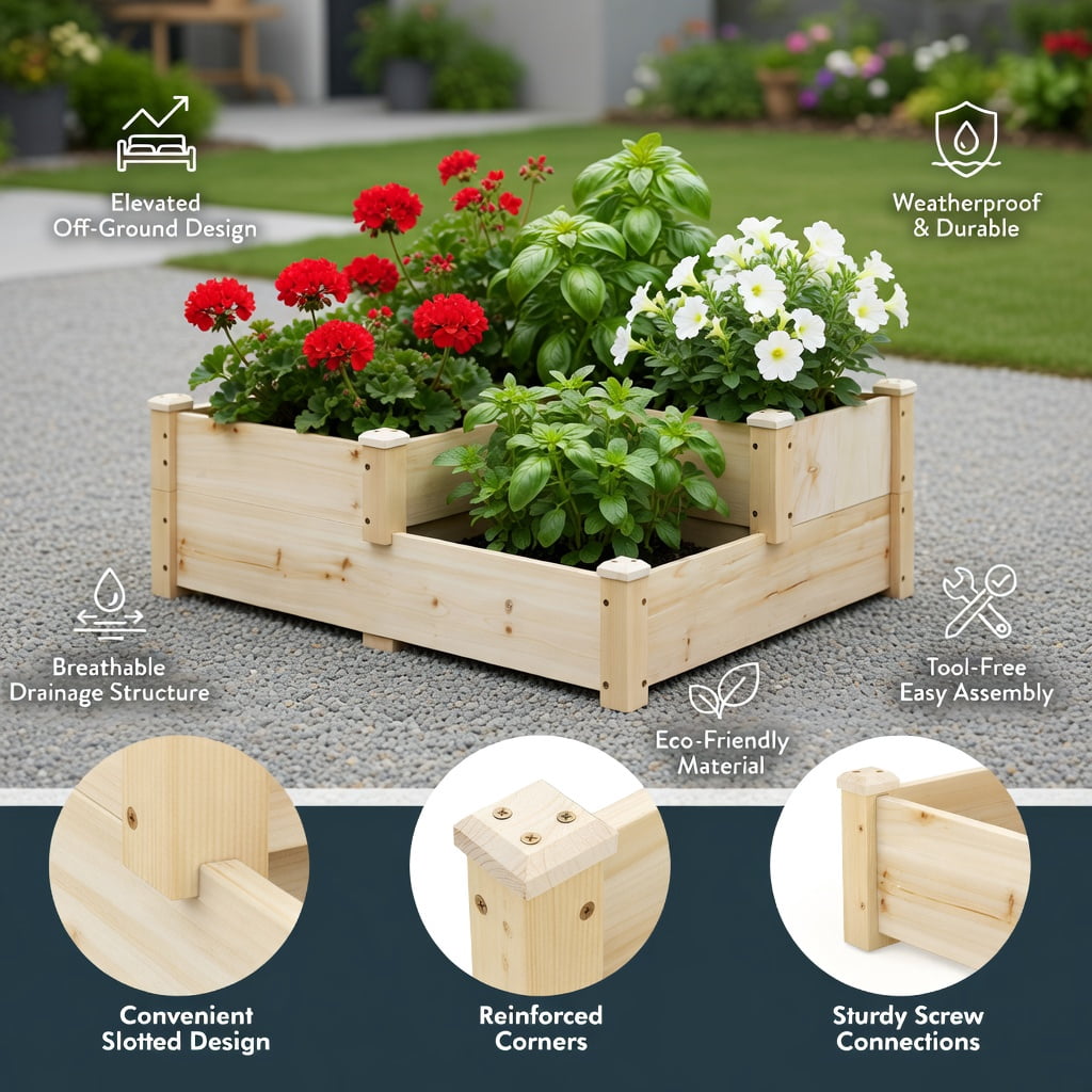 Topcobe 3-Tier Wooden Raised Garden Bed with Open-Ended Base, Planters for Outdoor Plants, Raised Garden Beds Outdoor, Natural