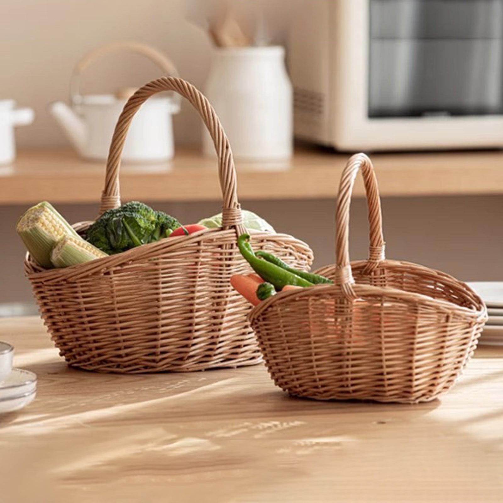 UJMNHYGT Portable Woven Picnic Basket with Handle Rattan, Artificial Wicker Easter Storage Basket for Fruits Vegetables Snacks, Garden Outdoor Gatherings Rustic Photo Props