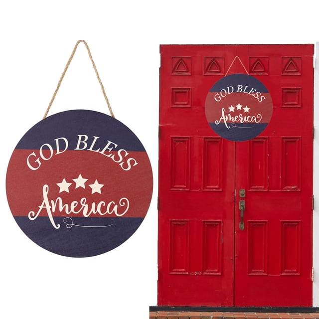 Letrero para puerta, 4 de julio, Día de la Independencia, letrero patriótico para puerta de entrada, colgador de puerta de madera para porche exterior, corona de madera para decoración de