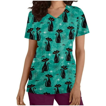

Loose Fit Tops for Women - Summer Short Sleeve Scrub Nursing Tops Casual Halloween Print Workwear V Neck Pockets Holiday Uniform