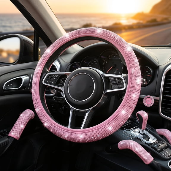 8 pcs Pink Bling Car Accessories Set for Women, Steering Wheel Cover, Sparkly Seat Belt Covers, Bling Gear Shift Cover, Universal Fit Most Cars (All Pink Diamond)