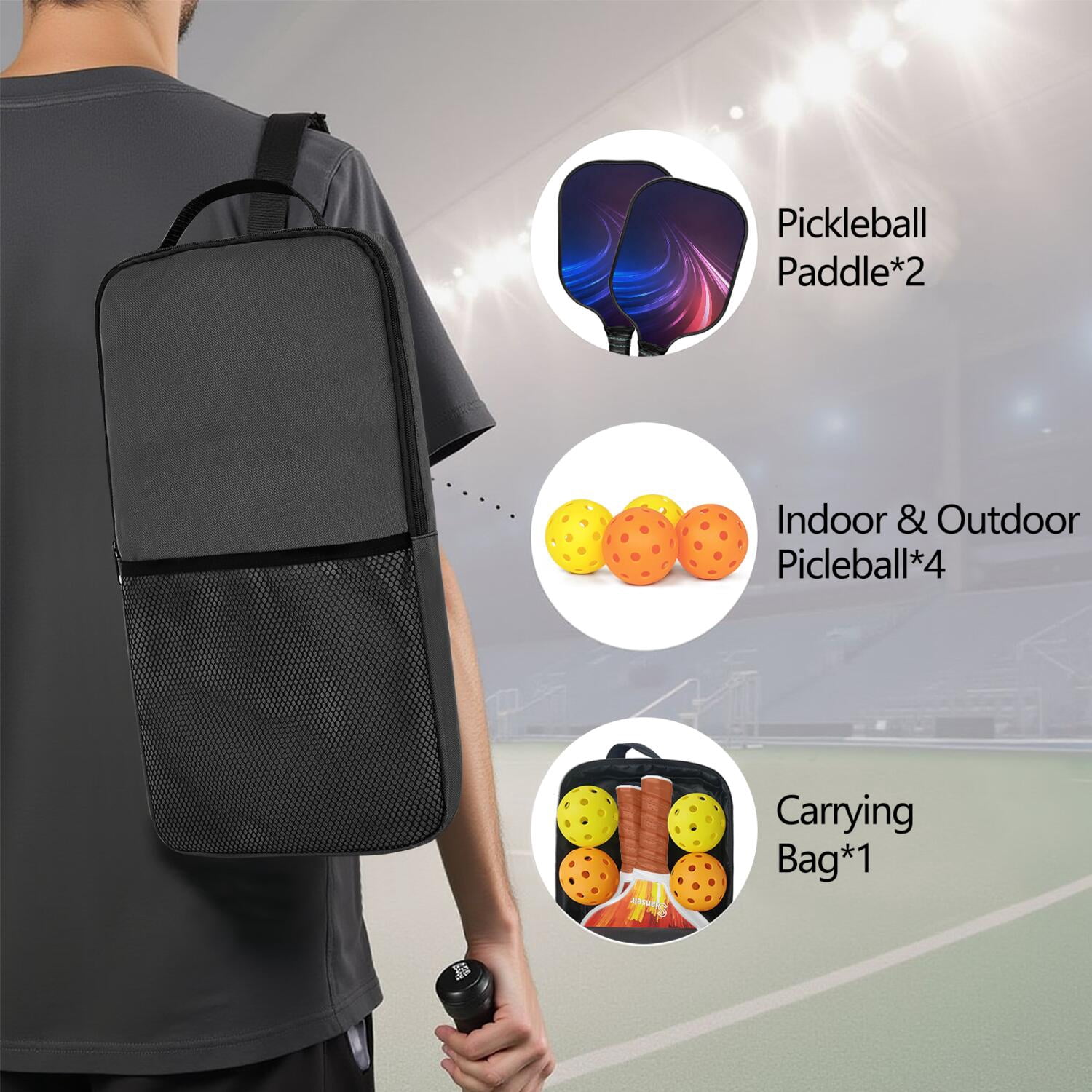 Pickleball Paddles Set Of 2, Fiberglass Surface, Thunder, Speed Print, 4 Balls & Bag