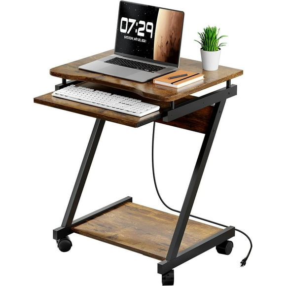 Small Computer Desks with Power Outlet, Z-Shaped Home Office Desks for Small Space, Compact Study Desk with Keyboard Tray and Casters, Computer Workstation for Home and Office, Brown