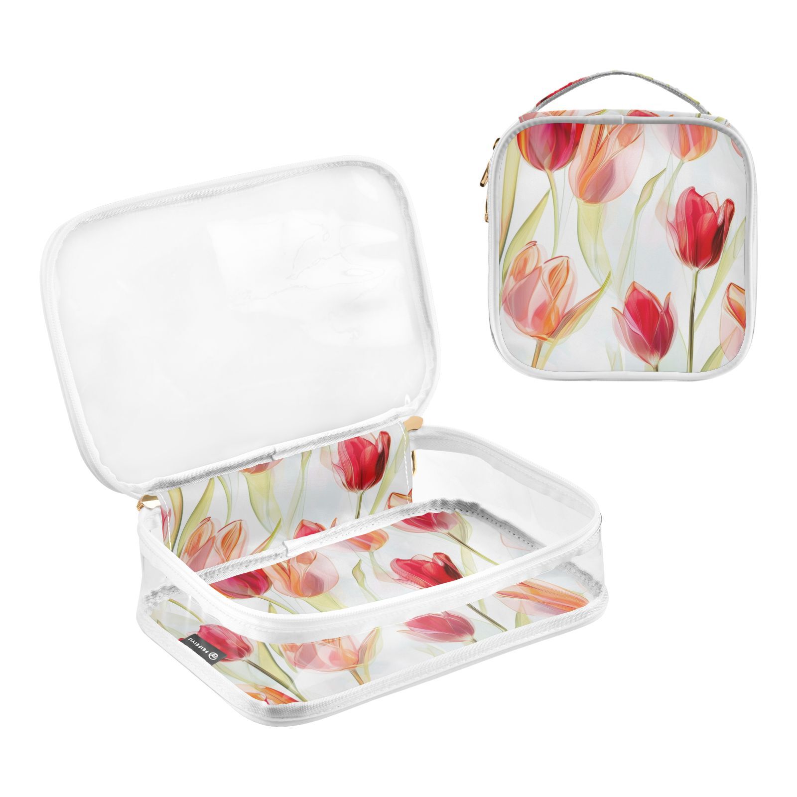 Clear Makeup Bags with Handle Large Opening 2 Pack Set Toiletry Bag Quart Size Bag, for Women Man Traveling Travel Essentials, Toiletries and Other. Transparent Tulipa Red