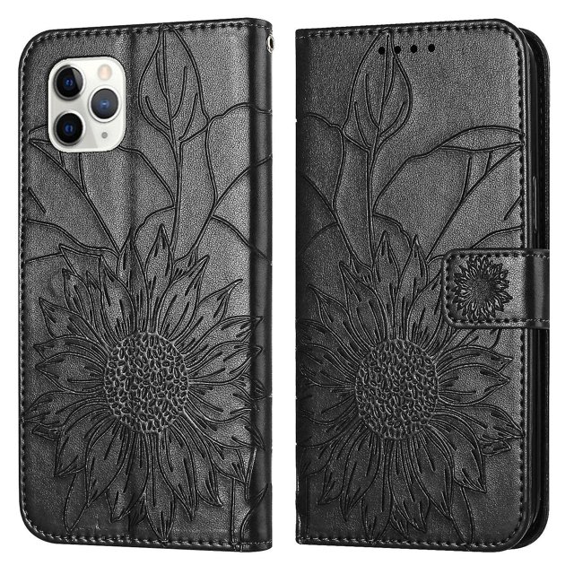 Funda tipo cartera con girasoles grabados para iPhone 11 Pro Max: elegante, multifuncional y con protección total.