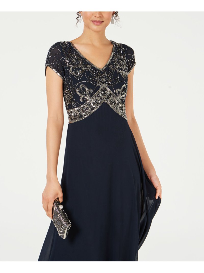 JKARA Womens Navy Beaded Cap Sleeve V Neck Maxi Evening Sheath