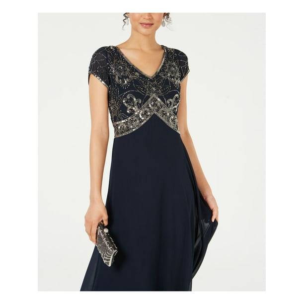 JKARA Womens Navy Beaded Cap Sleeve V Neck Maxi Evening Sheath Dress 10