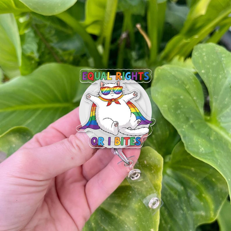 TiniDecor Equal Rights or I Bites Badge Reel, Rainbow Cat Retractable ID Holder, Funny Gift for Nurses