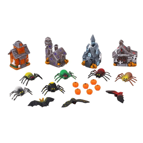 Halloween Miniature Village Set Resin Haunted House Spider Bat Pumpkin Figurines for Micro Landscape Decor