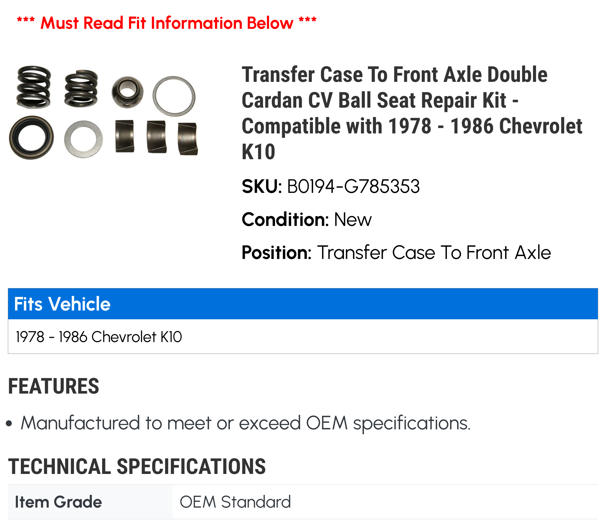Transfer Case To Front Axle Double Cardan CV Ball Seat Repair Kit -  Compatible with 1978 - 1986 Chevy K10 1979 1980 1981 1982 1983 1984 1985 -  Walmart.com