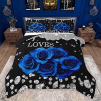 Feelyou Fashion Rose Flower Bedding Comforter Set, Valentines Day Floral Blue Twin Comforter Sets, Sequin Print Diamond Reversible Bedding Set, Ultra Soft Bedroom Decor, 2-Piece