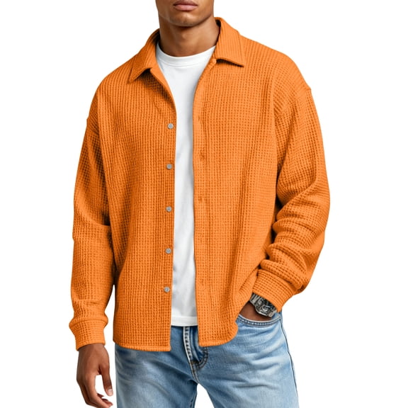 Lumtrix Mens Waffle Shirt Long Sleeve Button Down Casual Blouses Lightweight Tops Classic Tshirt for Men Saffron L
