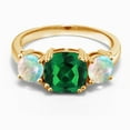 thumbnail image 2 of Gem Stone King 18K Yellow Gold Plated Silver Green Nano Emerald and Simulated White Opal 3 Stone Engagement Ring for Women (3.50 Cttw, Gemstone May Birthstone, Cushion 8MM, Size 8), 2 of 5