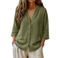 thumbnail image 5 of Only Moment Lightweight Soft Casual Shirts for Women 3/4 Sleeve V Neck Linen Casual Loose Long Sleeve Solid Lapel Long Blouses Tops with Pockets Green,M, 5 of 7