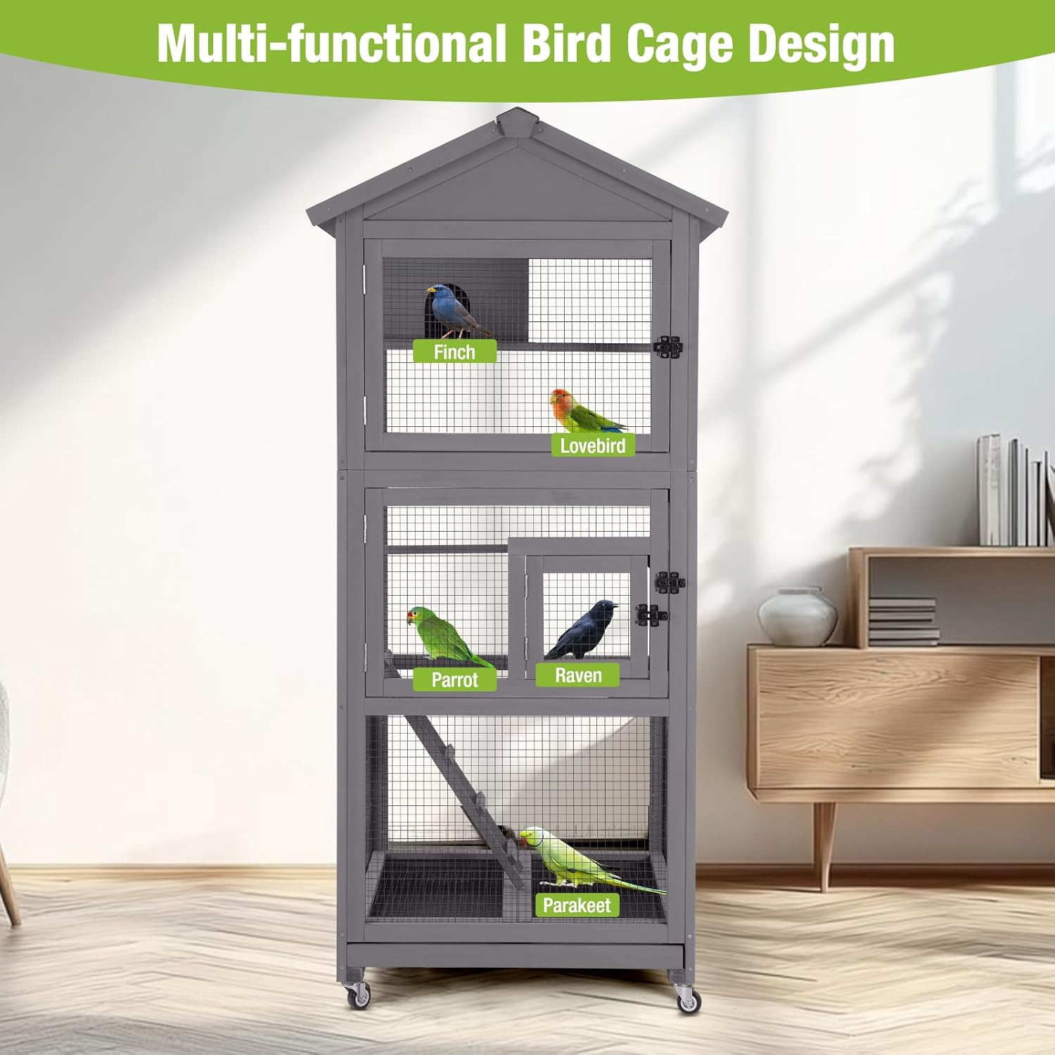 Aivituvin Large Bird Cage Outdoor Wooden Aviary Indoor on Wheels, with Play Stand, Perches, Nest Habitat & Wire Mesh Tray for Easy Cleaning