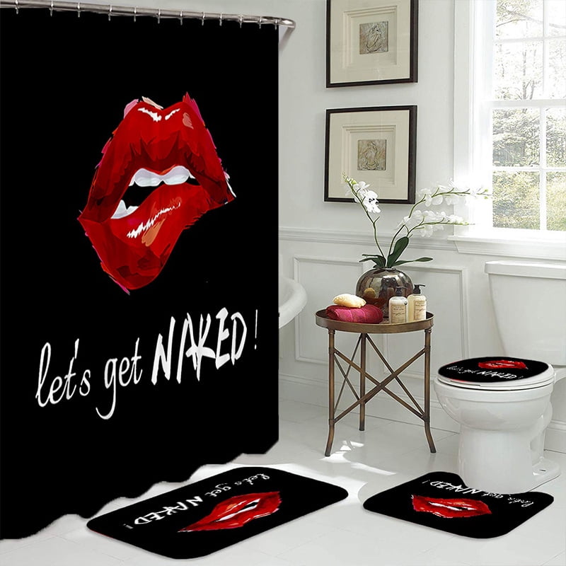 Sexy Red Lips Kiss Shower Curtain Set with NonSlip Rug Toilet Cover