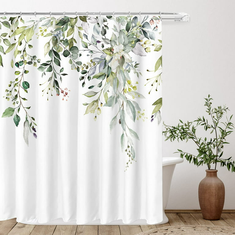 Green Eucalyptus Shower Curtain Sets Watercolor Leaves on The Top
