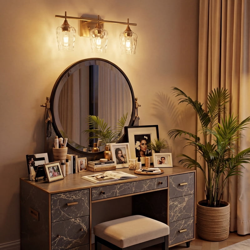 3-Light Gold Vanity Light, 20.87 Inch Bathroom Light Fixture with Hammered Glass Shadesm Modern Wall Sconce for Vanity, Powder Room & Bedroom