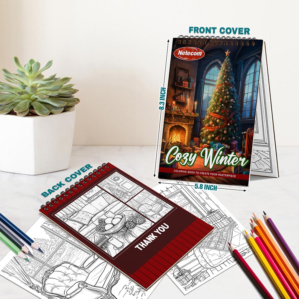 Netecom Cozy Winter Coloring Book Spiral Bound for Adults, A5 Wooden Cover, 30 Beautiful Coloring Pages of Warm Holiday for Stress Relief and Relaxation