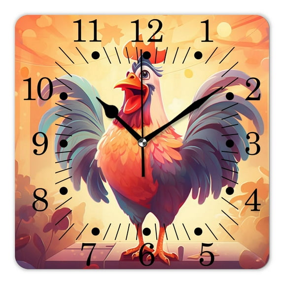 14 Inch Wall Clock Battery Operated Square Clock for Office, Kitchen, Outdoor, Living Room,Cute Sparkling Rooster Sing Flat Design Creative