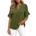 thumbnail image 4 of Edvintorg Summer Shirts for Women Cotton Linen V Neck Short Ruffle Sleeve Loose Casual Tops Womens Blouses Women Clothing Army Green L, 4 of 9