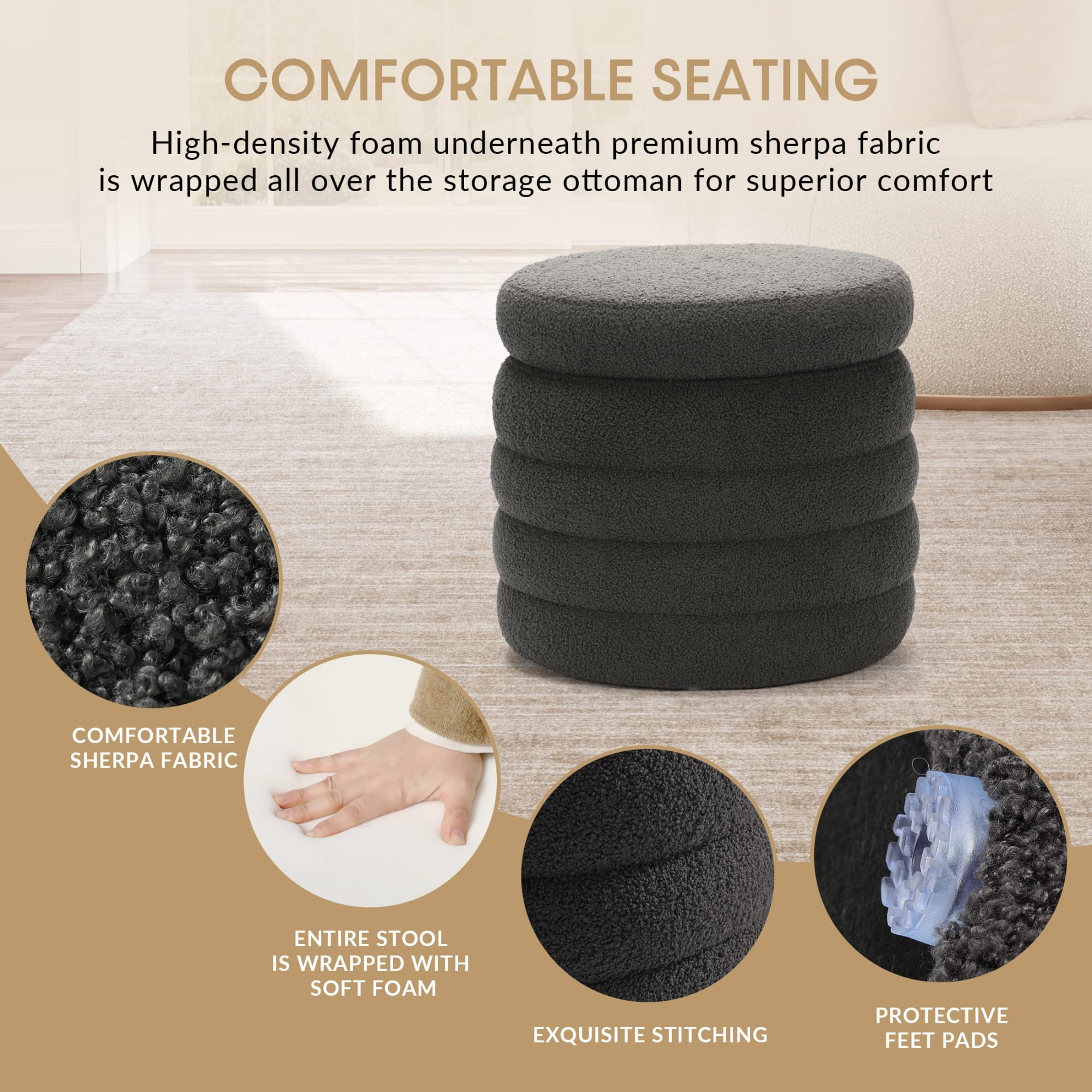WestinTrends Alexandria Mid-Century Modern Faux Sherpa Round Storage Ottoman, Charcoal Gray
