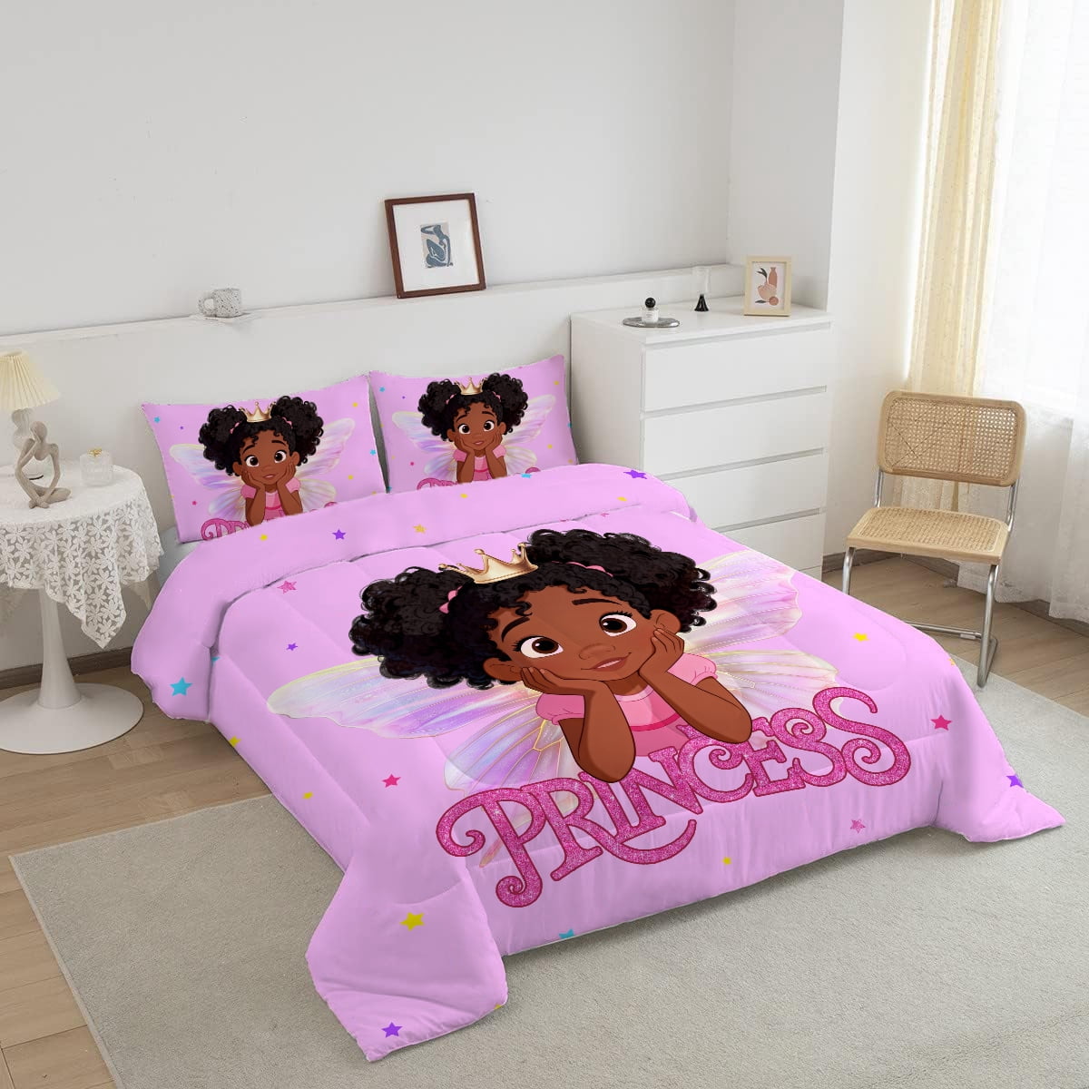 Black Girl Comforter Sets Twin Size Princess with Wings Bedding Set,Pink Purple Stars Glitter African American Comforter Set for Kids Girls 3pcs