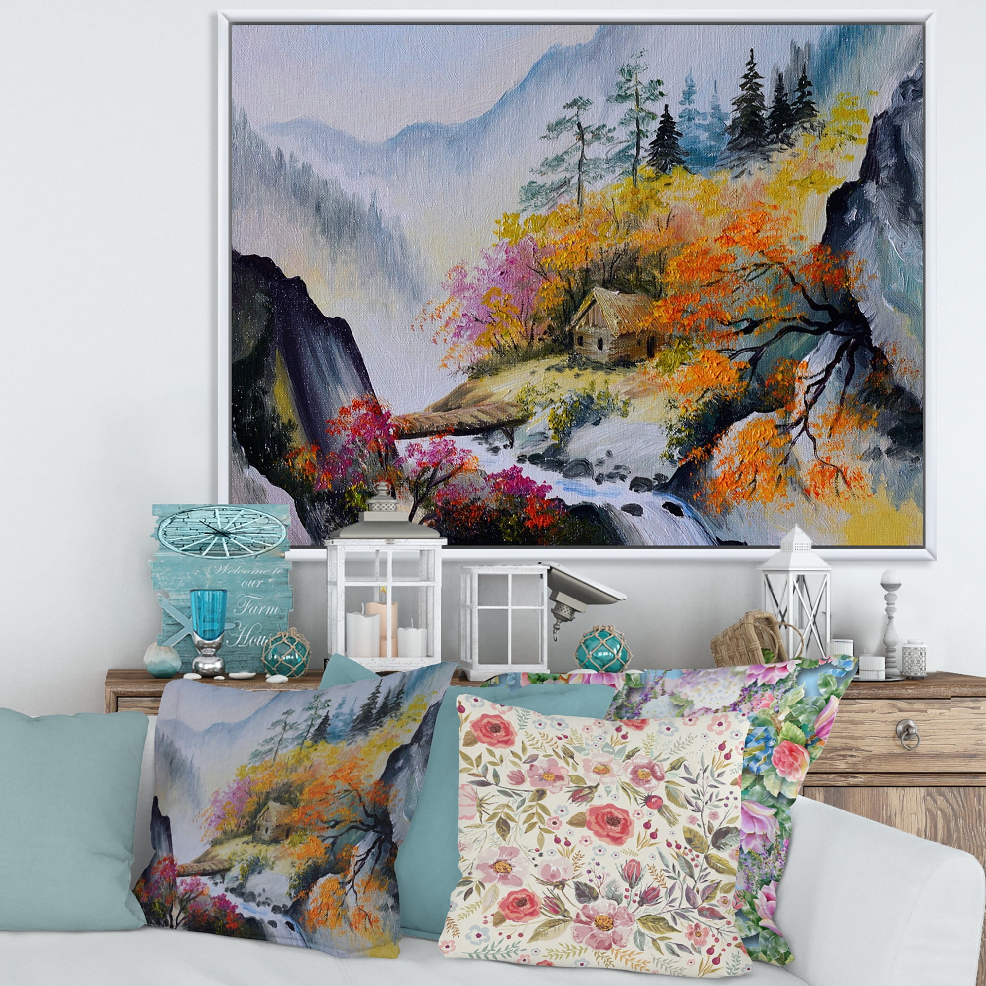 Designart 'VIbrant Mountain Landscape With Little House' Traditional Framed Canvas Wall Art Print