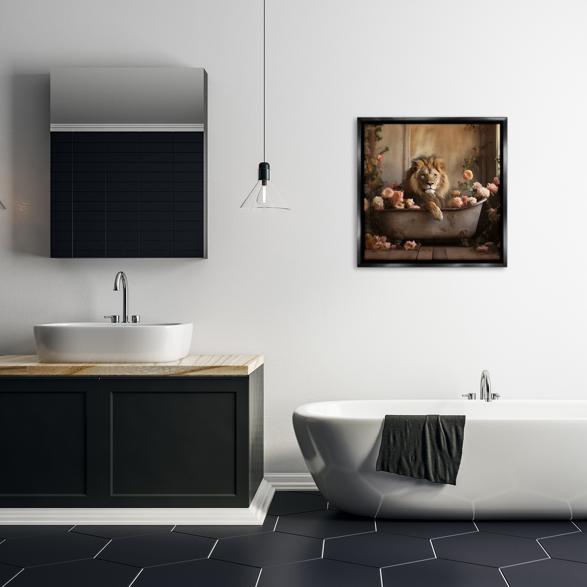 Stupell Industries Lion in Flower Filled Tub Animals & Insects Painting Black Floater Framed Canvas Art Print Wall Art, 25 x 25