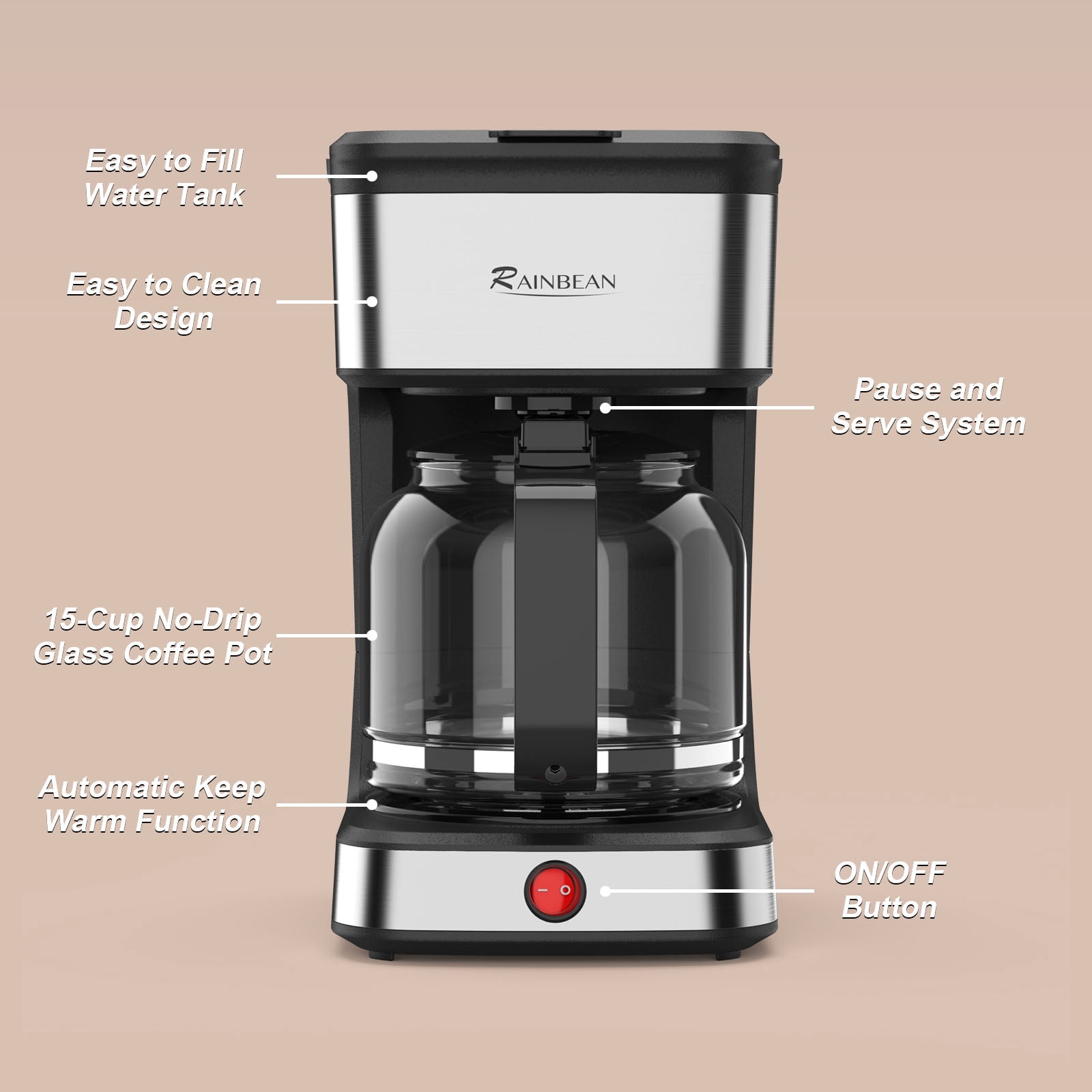 RAINBEAN 12 Cup Drip Coffee Maker,Home Office Coffee Brewing Machine with Removable Filter,Glass Carafe and Heated Base Black & Stainless Steel