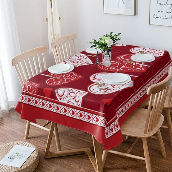 Valentines Tablecloth Rectangle Table Cloth 60x102 , Waterproof Tablecloth Outdoor Table Cloth, Red Love Heart Romantic Washable Table Cover for Kitchen Dining Party