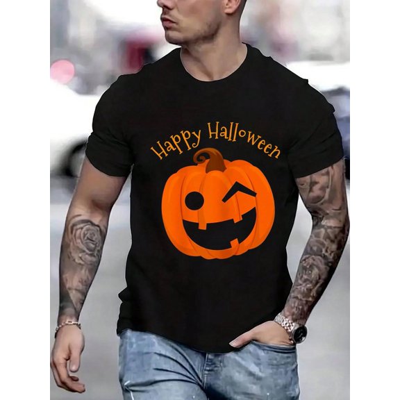 100 Cotton Graphic Tees Happy Halloween Jack O'Pumpkin Fall Autumn T-Shirt Crew Neck Short Sleeve T-Shirt, Casual Print Graphic Cotton Tees Men Tops