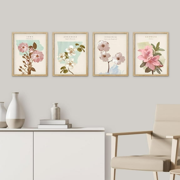 PixonSign Framed Posters State Flower Collage Variety Nature Wilderness Cozy/Relax Illustrations Modern Art Decorative Floral Botanical Colorful Prints Country/Farmhouse - 8"x10" Natural