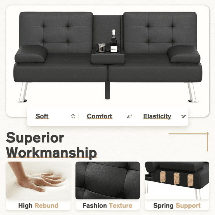 Lacoo 2-Pack Futon Sofa Bed Modern Convertible Sleeper Couch with Removable Armrests & Cup Holders for Living Room,Small Spaces,PU Leather Black