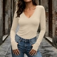 thumbnail image 3 of DISKEBUISS Women's V Neck Long Sleeve Fitted T-Shirt Stretchy Slim Basic Top with Thumb Holes for Daily Layering, 3 of 8