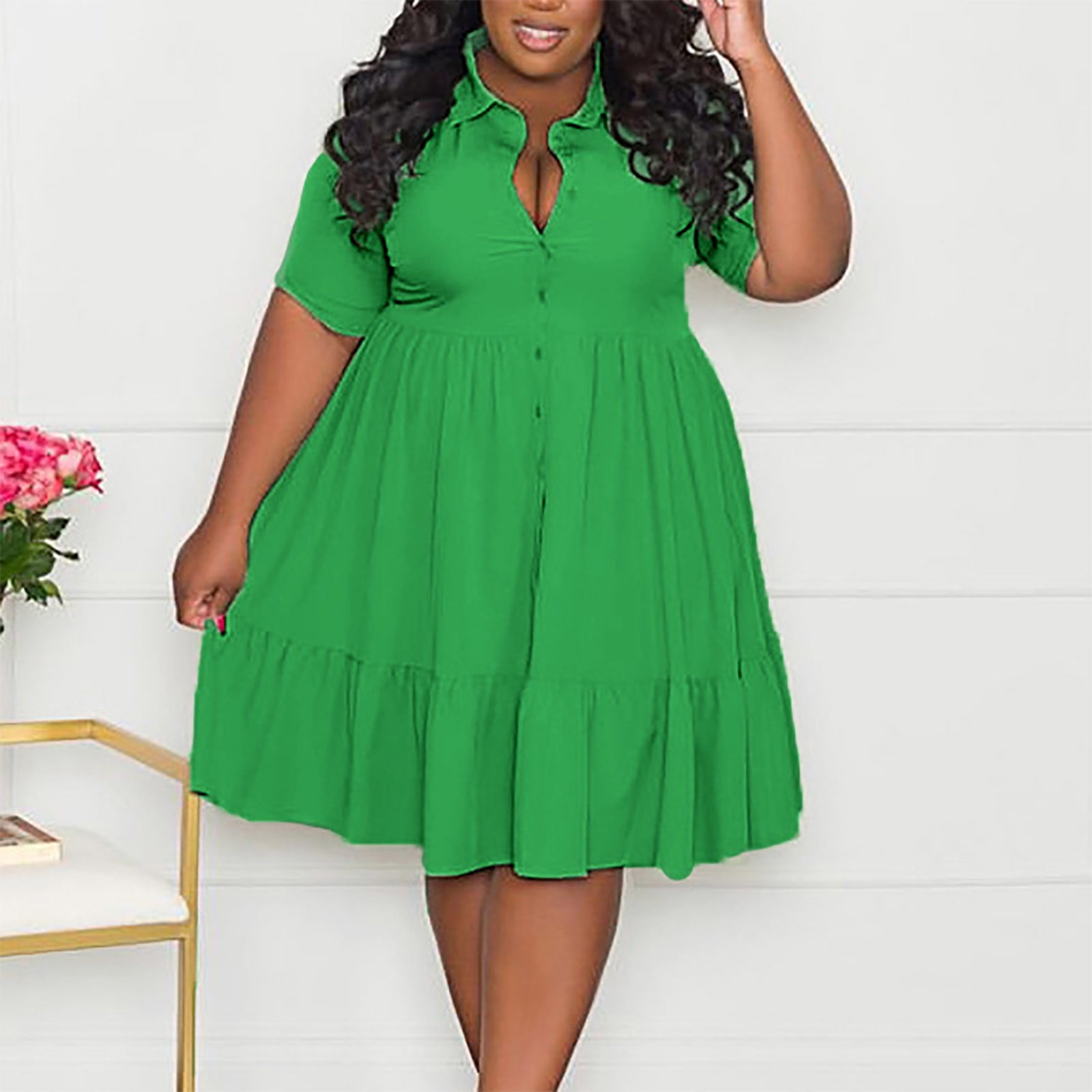 Women's Plus Size Summer Dresses, Solid Lapel Single Breasted Short Sleeve Shirt Dress, Oversize Mini Dress, Large Size Shirt Dress Green XL - Walmart.com