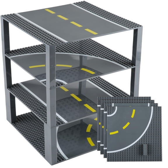 Strictly Briks Building Blocks Road Plates 10" x 10", 4 Pack City Road Classic Baseplates for Highway Bridge, Street, Race Track, Compatible with All Major Brands (2 Straight, 2 Curved, 30 Stackers)