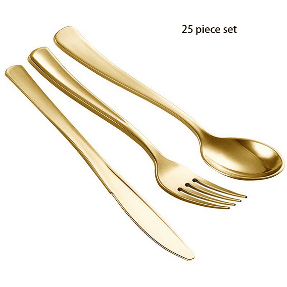 Disposable Gold Color Plastic Tableware Cutlery Spoon Fork Set 25pc Hot Party