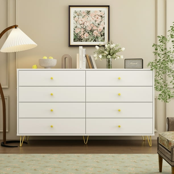 Hitow 8 Drawer Dresser Organizer, Storage Chest with Metal Legs for Bedroom Living Room, White