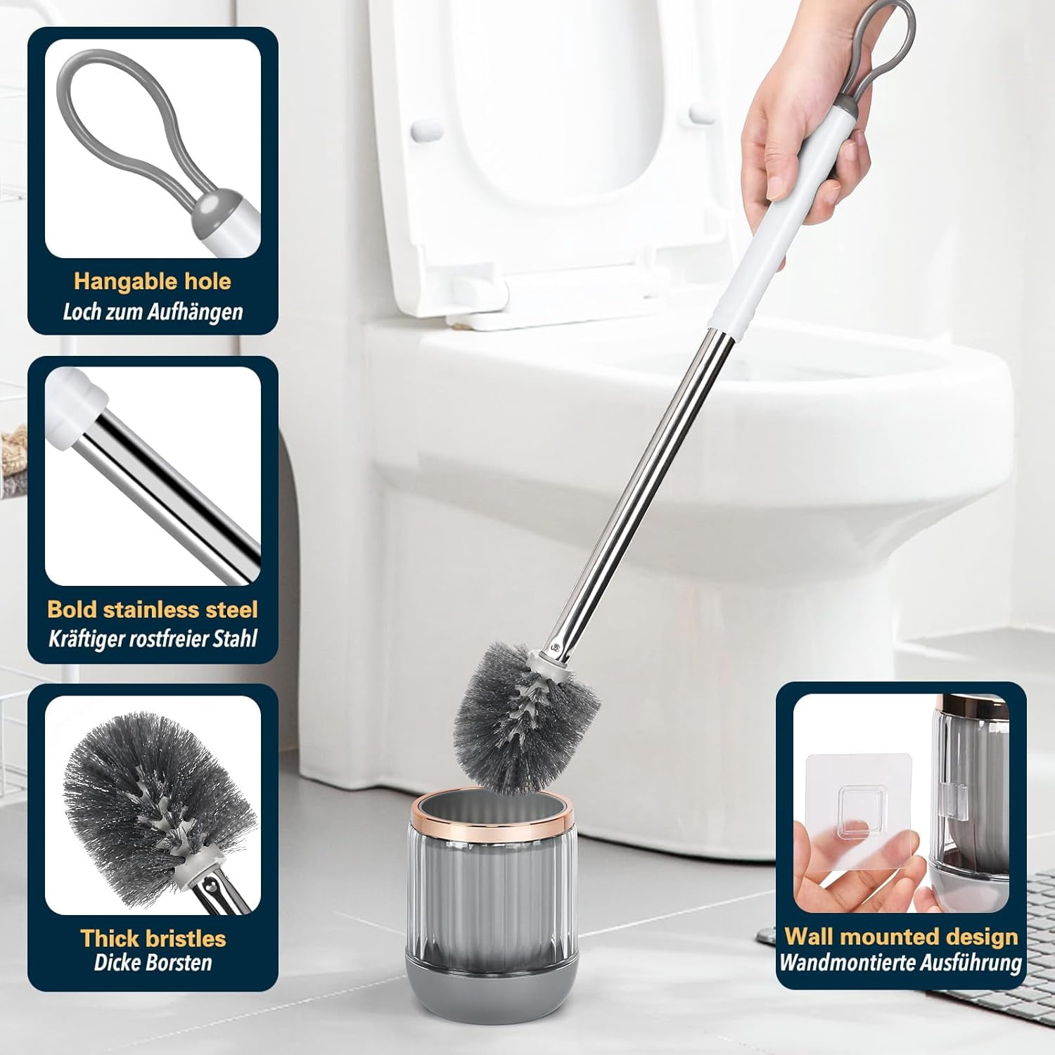 Toilet Bowl Brush and Holder Set with Separate Base for Floor and Wall Mounted