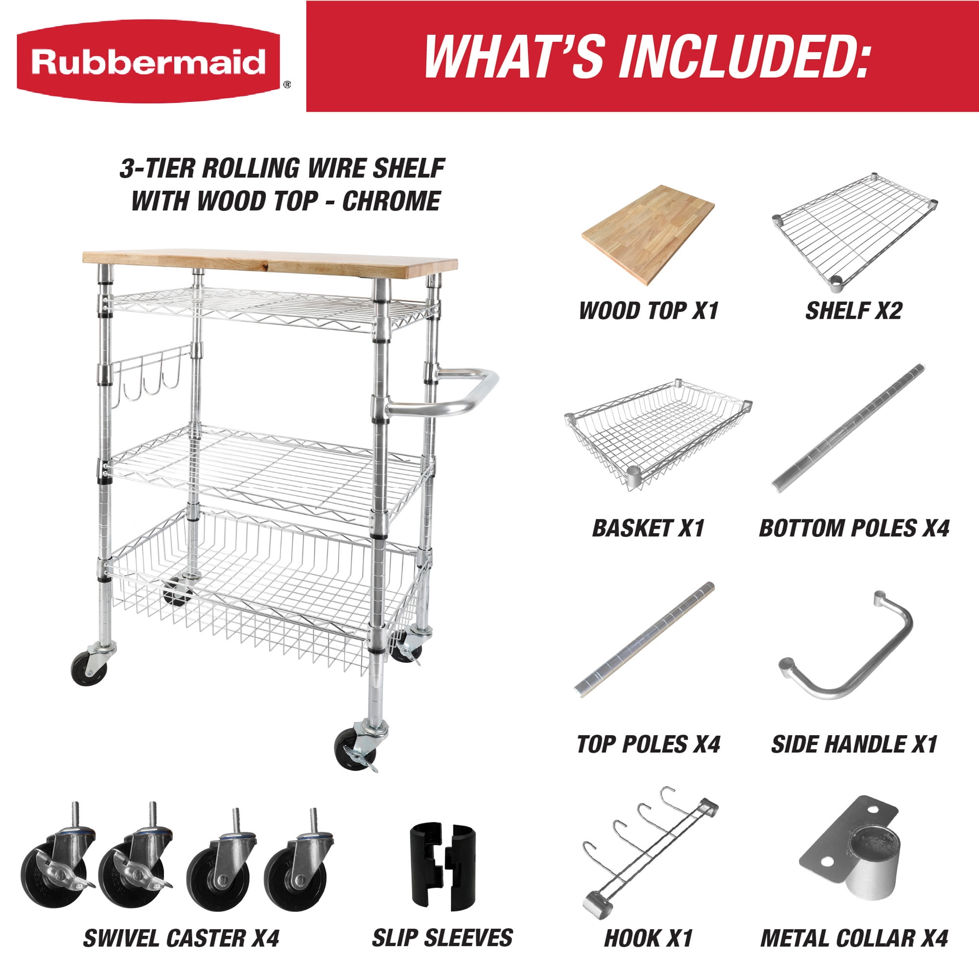 Rubbermaid 3-Tier Chrome Rolling Cart with Removable Wood Top, 300lb Capacity