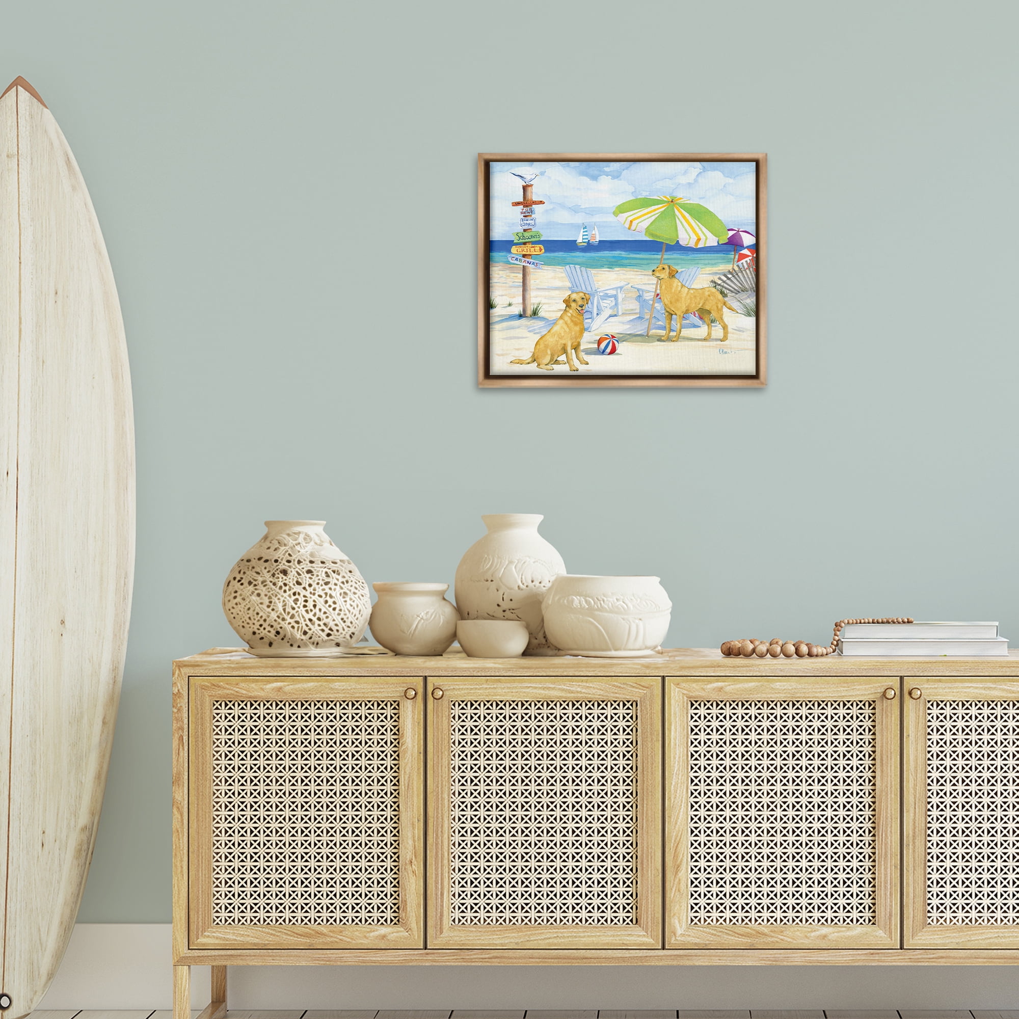 Stupell Industries Retriever Dogs at Beach Animals & Insects Painting Brown Floater Framed Canvas Art Print Wall Art, 21 x 17