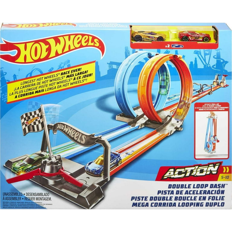 Hot Wheels Double Loop Dash Track Set with 2 Toy Cars in 1:64 Scale, 12-ft  Long, for Children Ages 5 Years and Up