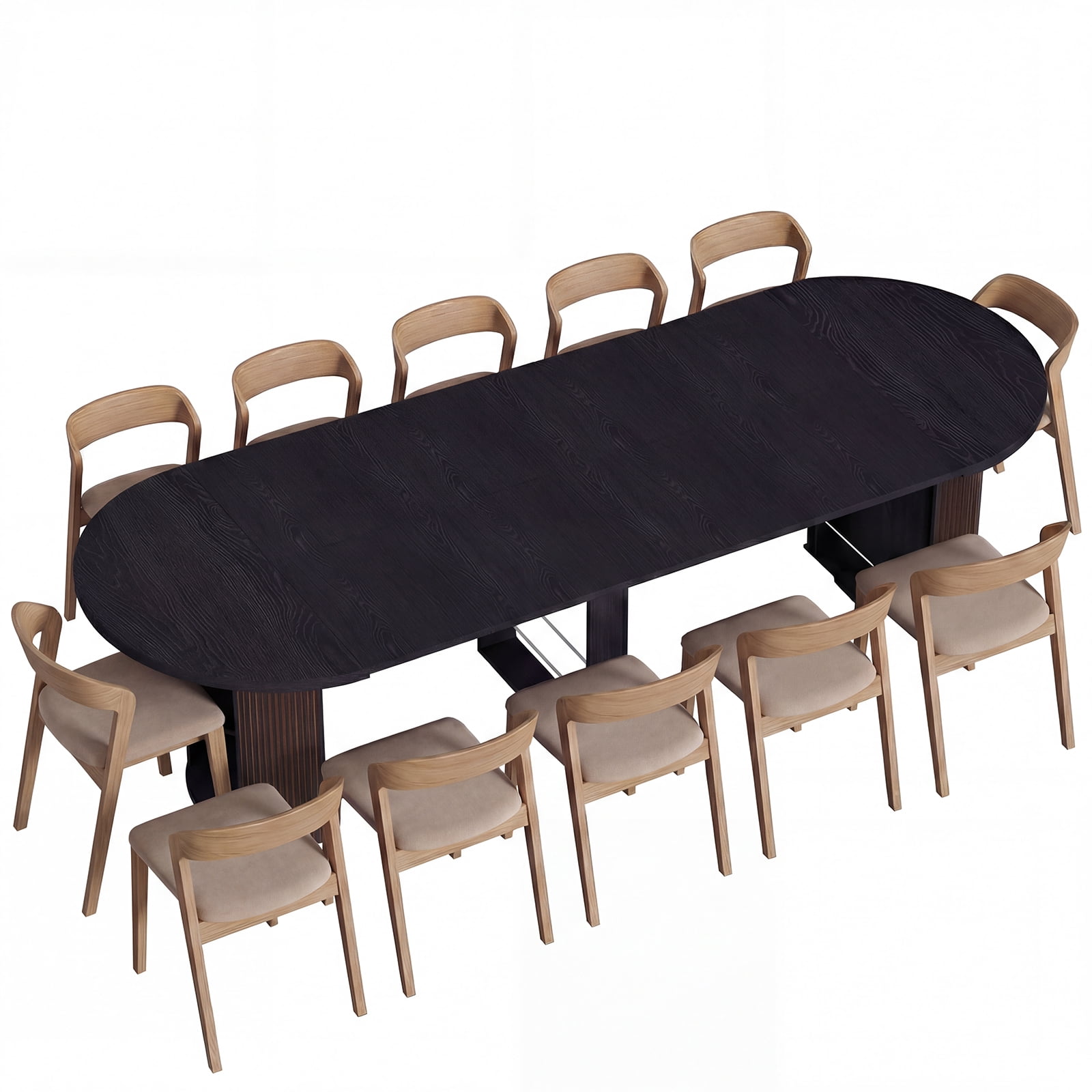 Advwin Extendable Dining Table for 2-12 People, 38" to 110" Space-Saving Folding Table with Storage &  Fluted Base, Modern Wooden Expandable Table for Dining Room, Party, Meeting, Wedding, Black