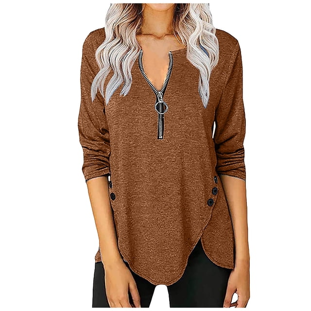 Moda Mujer Casual Cremallera Botones largos Cuello en V Manga Pullove Blusa sólida Fridja hkj3562