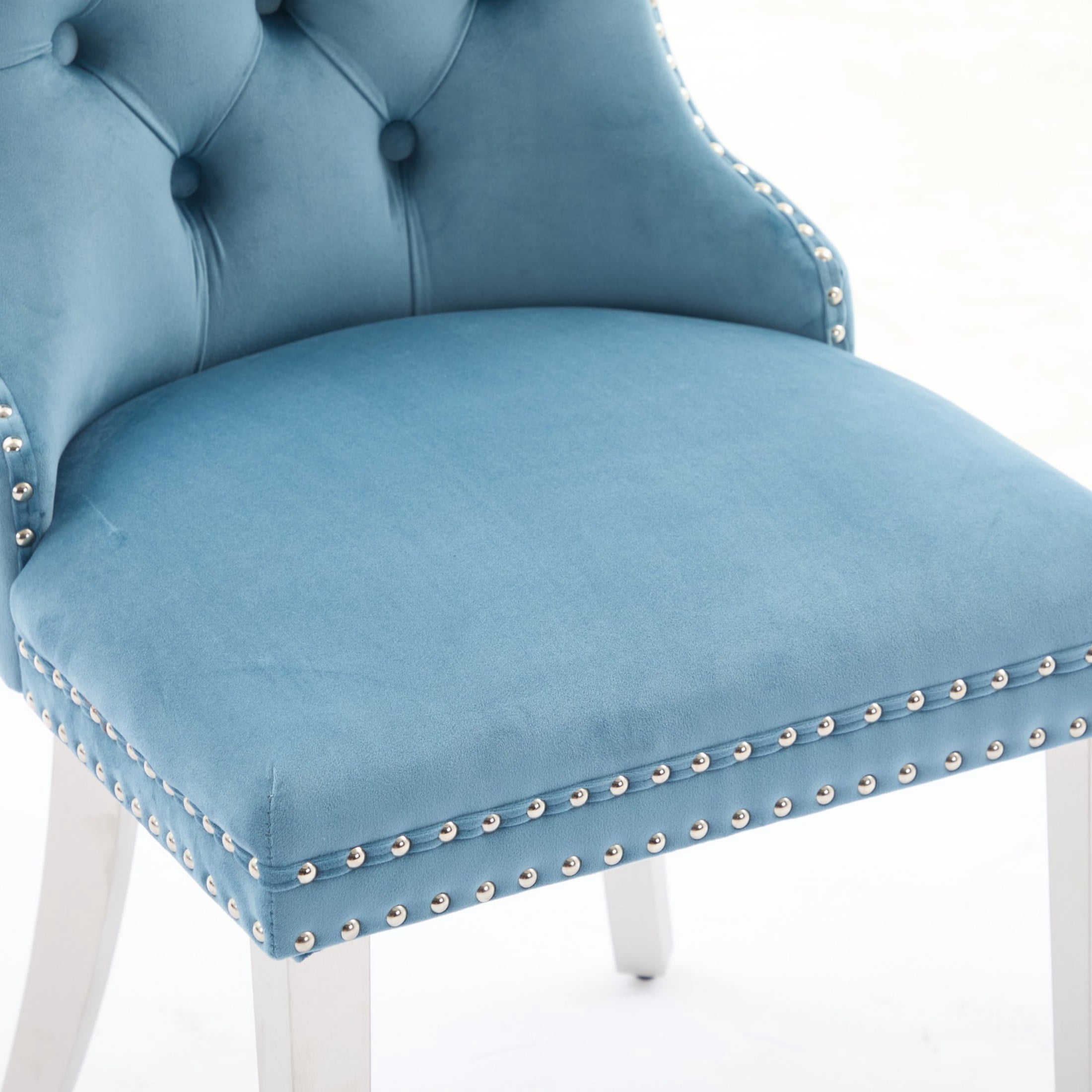 Noble House Set of 2 Upholstered Velvet Dining Chairs, Tufted Back, Chrome Legs, Light Blue
